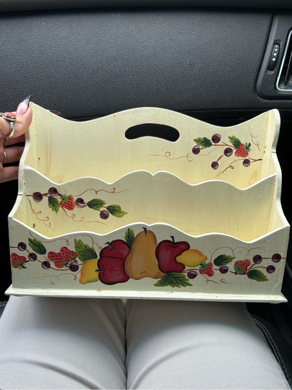 Hand-Painted Fruit Wooden Mail Organizer - Cream with Red & Yellow Fruit